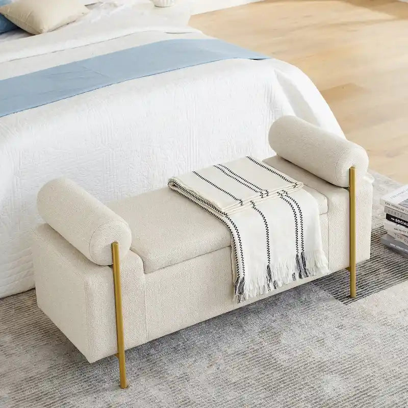 Panca contenitore in lino beige, monosedile, con gambe in ferro