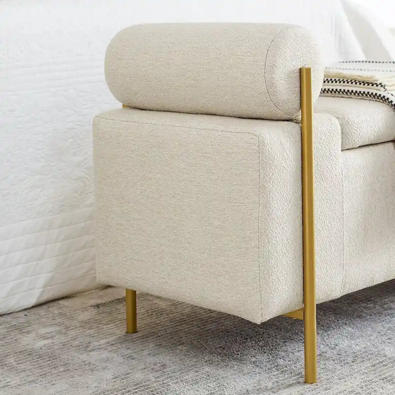 Panca contenitore in lino beige, monosedile, con gambe in ferro