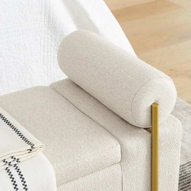 Panca contenitore in lino beige, monosedile, con gambe in ferro