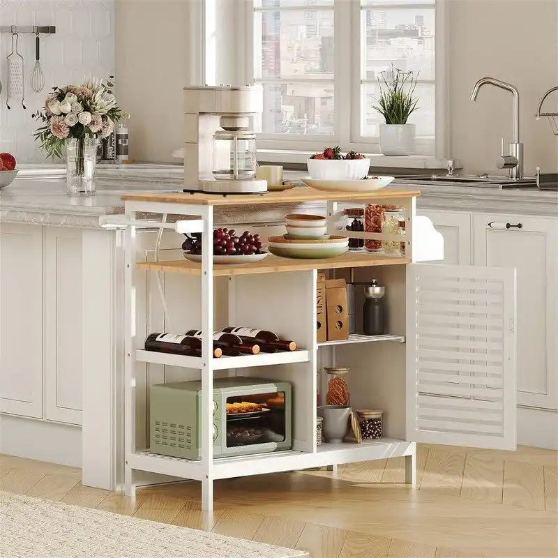Top bianco e legno naturale, carrello da cucina a 4 ripiani, per 1 persona