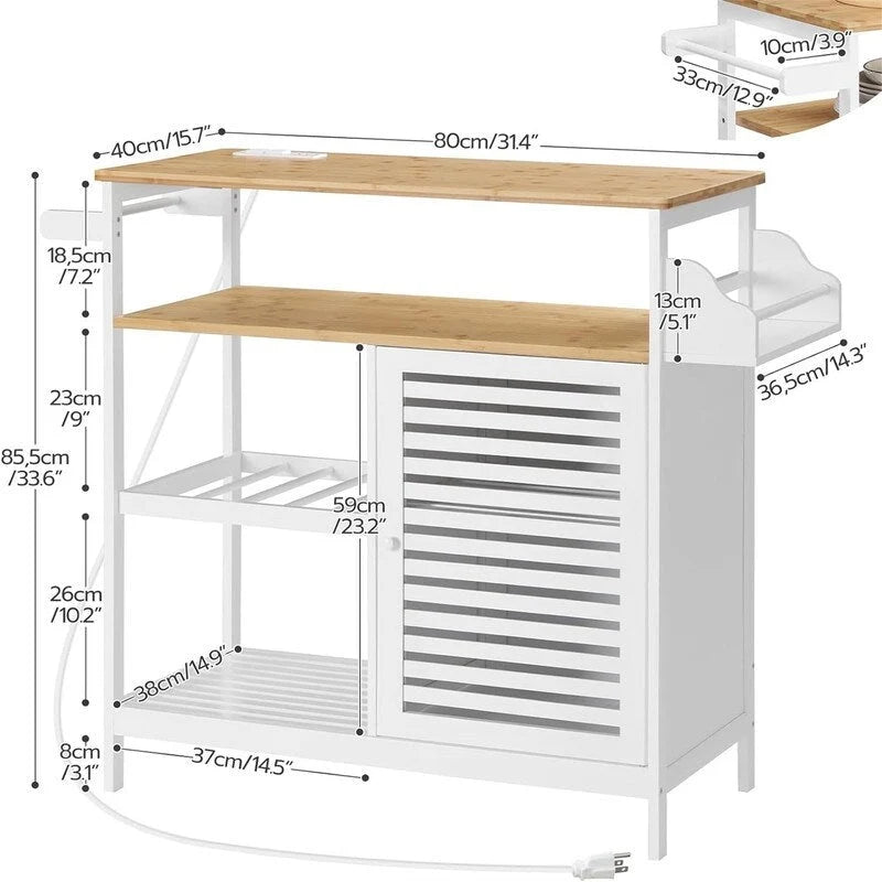 Top bianco e legno naturale, carrello da cucina a 4 ripiani, per 1 persona