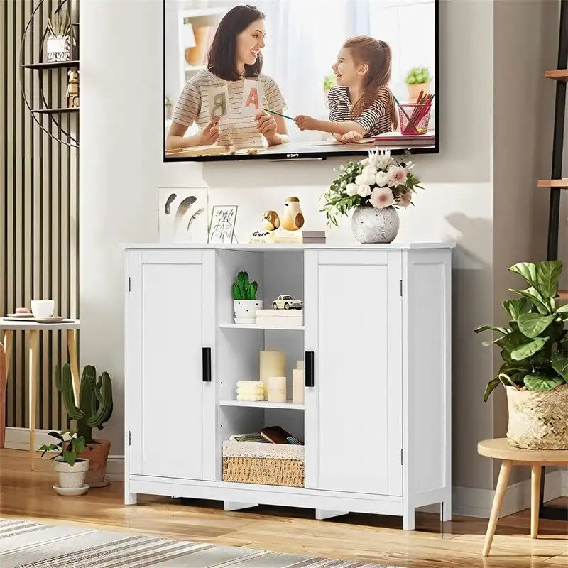 Credenza/mobiletto da soggiorno/credenza moderna con 2 ante e 4 ripiani, in bianco/nero/marrone/legno naturale