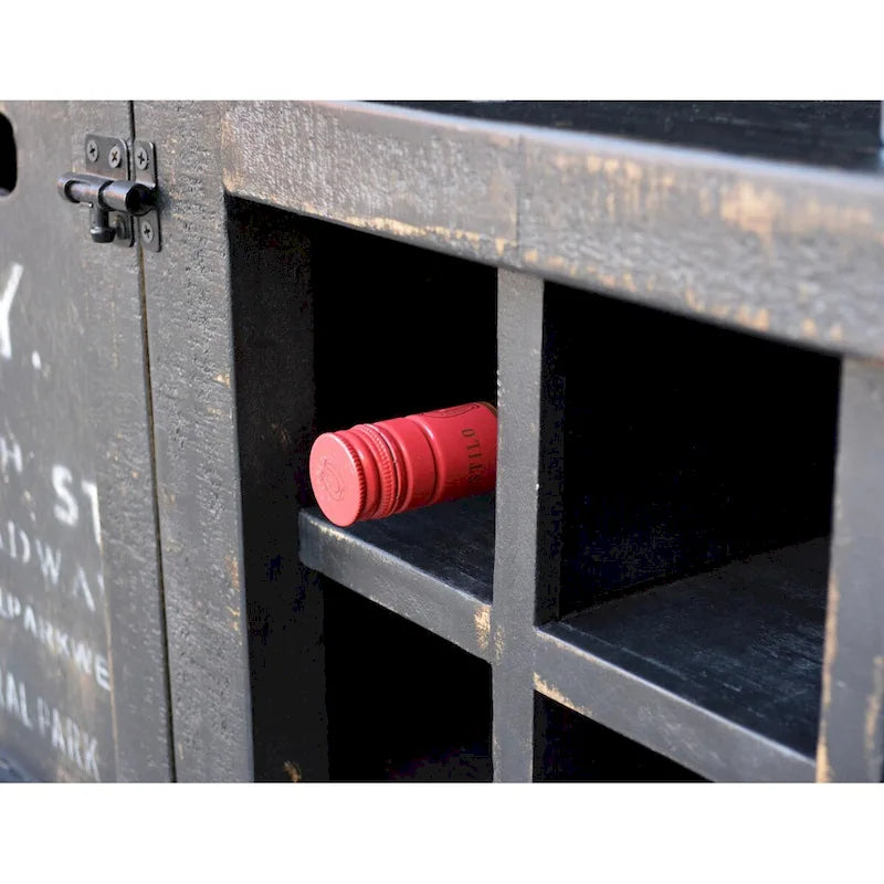 Mobile bar portabottiglie Black Wood con graffiti, 9 cubi portaoggetti, 1 cassetto