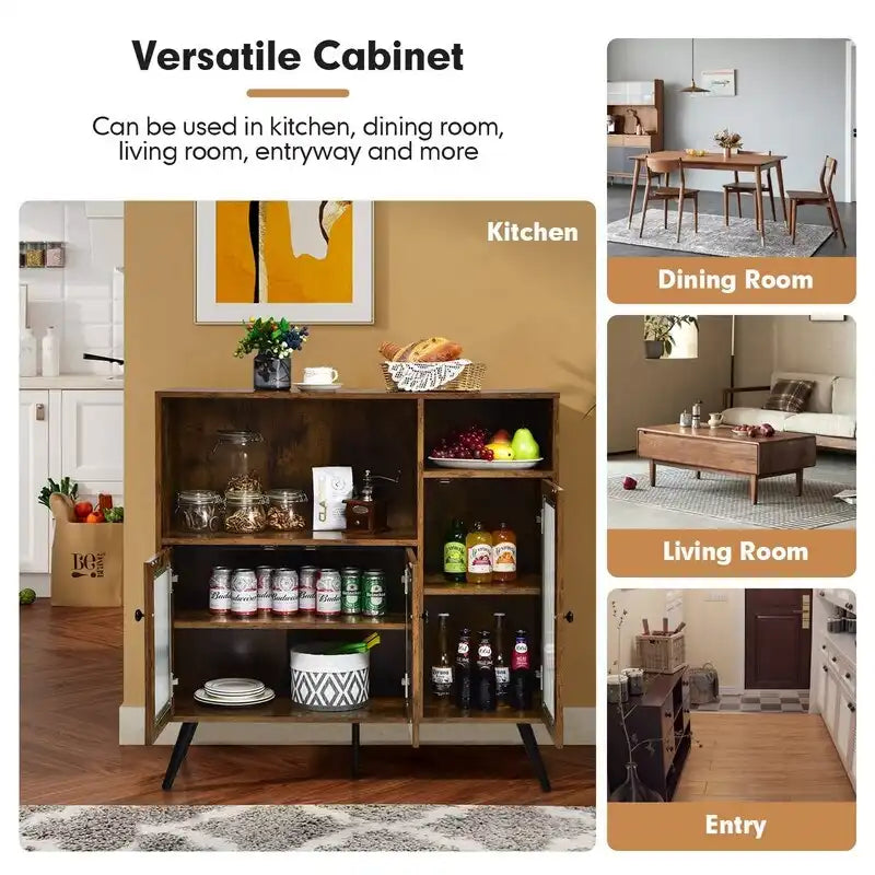 Credenza industriale marrone rustico con ante in vetro, armadietto contenitore a 2 ante