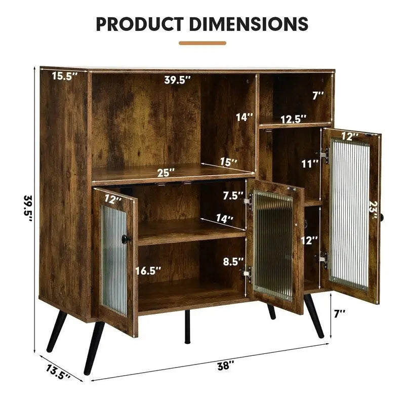 Credenza industriale marrone rustico con ante in vetro, armadietto contenitore a 2 ante