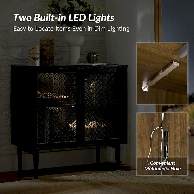Mobiletto d'Appoggio a 2 Ante Noce / Nero con Luce LED, Set da 2