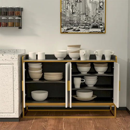 Credenza a 2 ante con gambe in metallo dorato – Nero oro / Bianco oro
