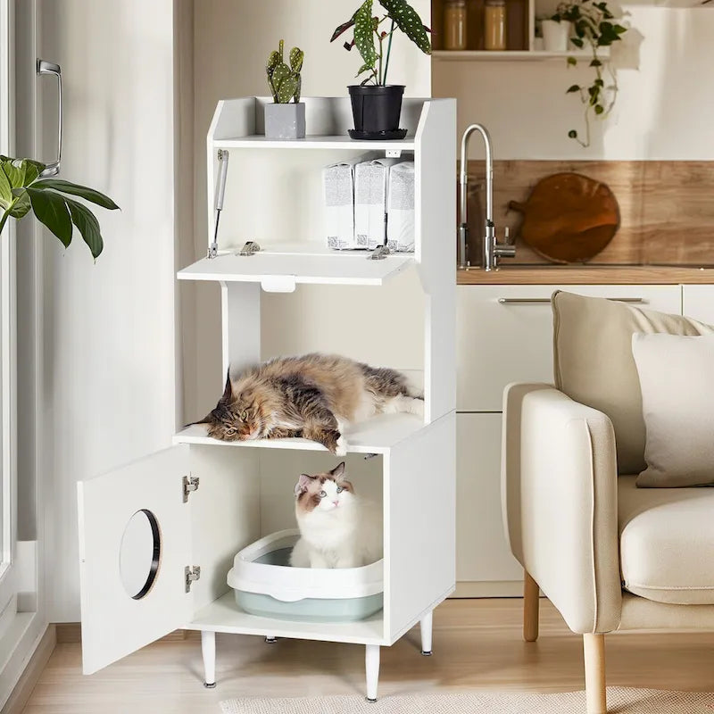 Lettiera per gatti con mobile White+Vintage Industrial con ripiani e anta, per 1 gatto