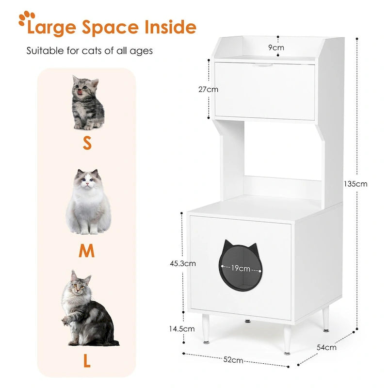 Lettiera per gatti con mobile White+Vintage Industrial con ripiani e anta, per 1 gatto