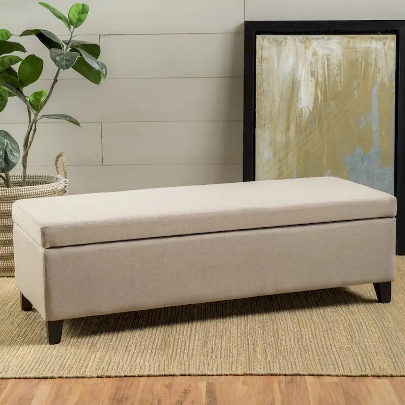 Panca contenitore imbottita con coperchio – Grigio scuro / Blu navy / Grano, 2 posti