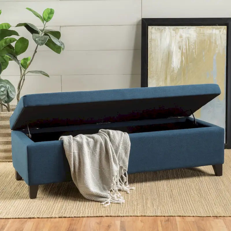 Panca contenitore imbottita con coperchio – Grigio scuro / Blu navy / Grano, 2 posti