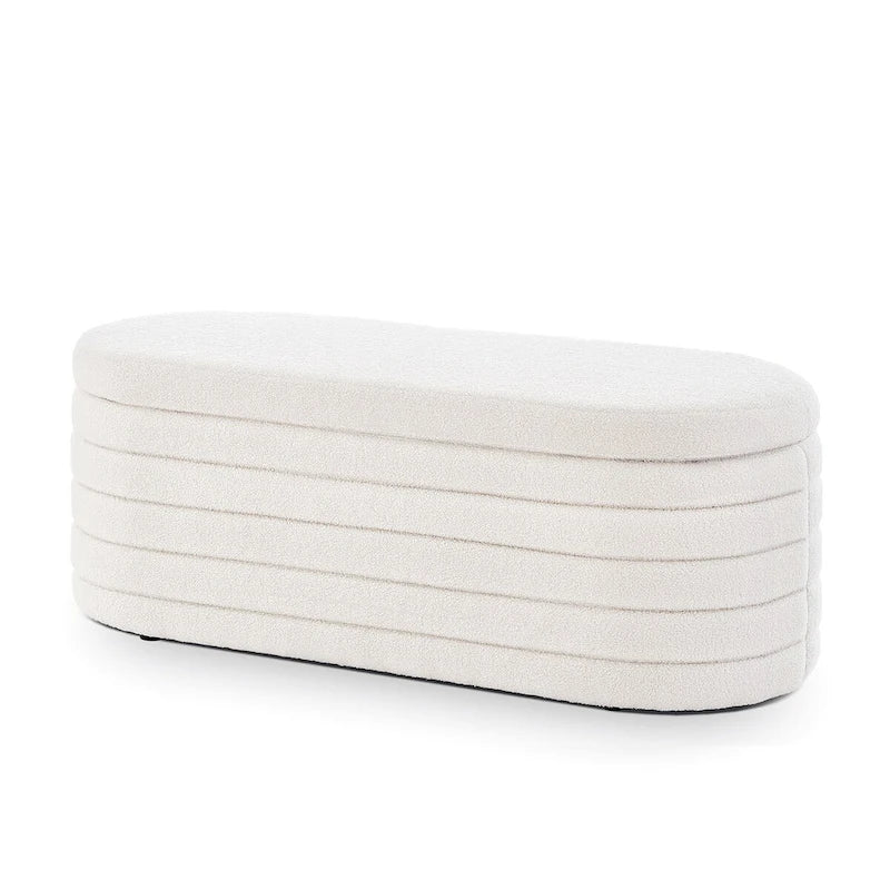 Panca ottomana contenitore ovale in tessuto bouclé bianca/nera/crema, sedile singolo