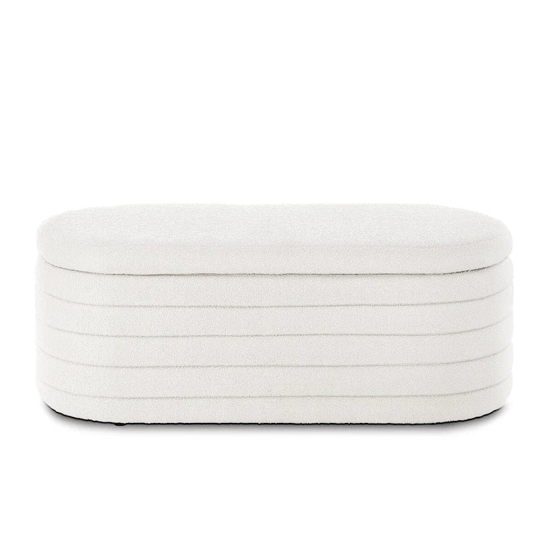 Panca ottomana contenitore ovale in tessuto bouclé bianca/nera/crema, sedile singolo