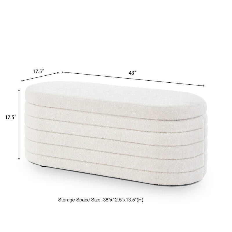 Panca ottomana contenitore ovale in tessuto bouclé bianca/nera/crema, sedile singolo