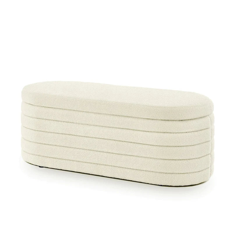Panca ottomana contenitore ovale in tessuto bouclé bianca/nera/crema, sedile singolo