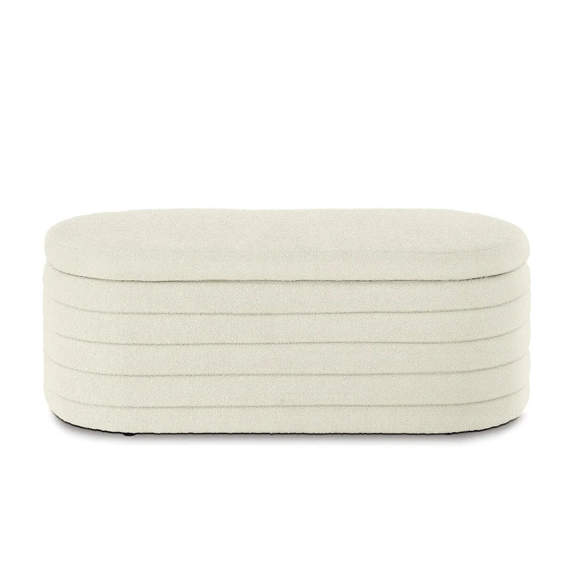 Panca ottomana contenitore ovale in tessuto bouclé bianca/nera/crema, sedile singolo
