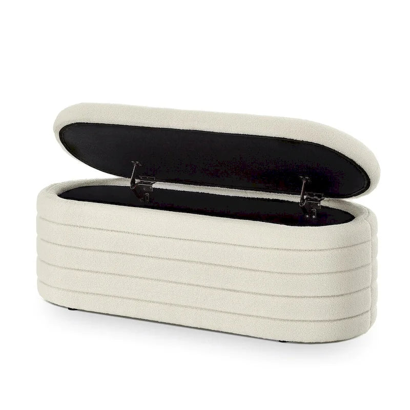 Panca ottomana contenitore ovale in tessuto bouclé bianca/nera/crema, sedile singolo