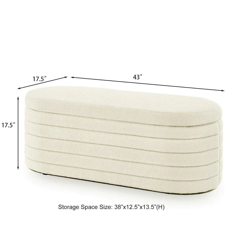 Panca ottomana contenitore ovale in tessuto bouclé bianca/nera/crema, sedile singolo
