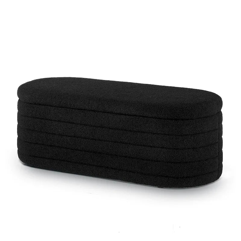 Panca ottomana contenitore ovale in tessuto bouclé bianca/nera/crema, sedile singolo