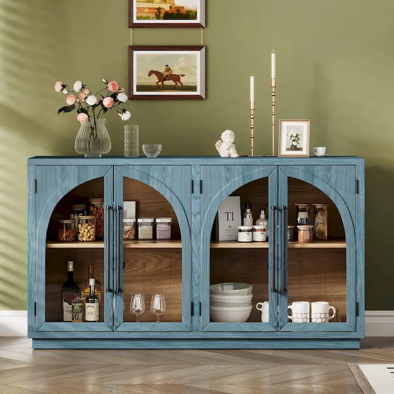 Credenza retrò a 4 ante nera/blu navy con ripiani regolabili, montaggio a 1 persona