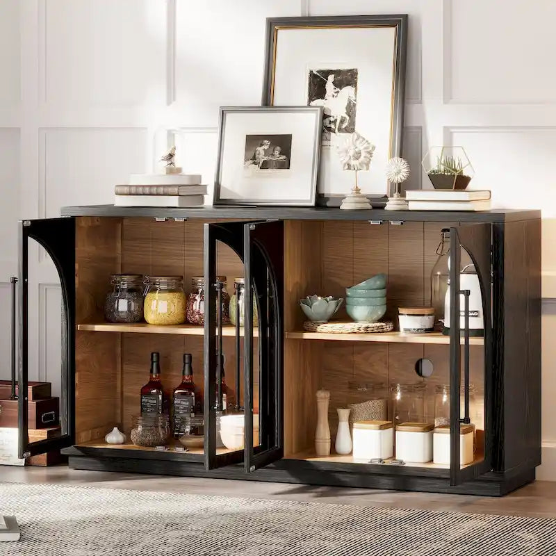 Credenza retrò a 4 ante nera/blu navy con ripiani regolabili, montaggio a 1 persona
