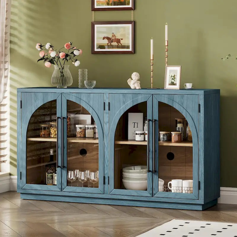 Credenza retrò a 4 ante nera/blu navy con ripiani regolabili, montaggio a 1 persona