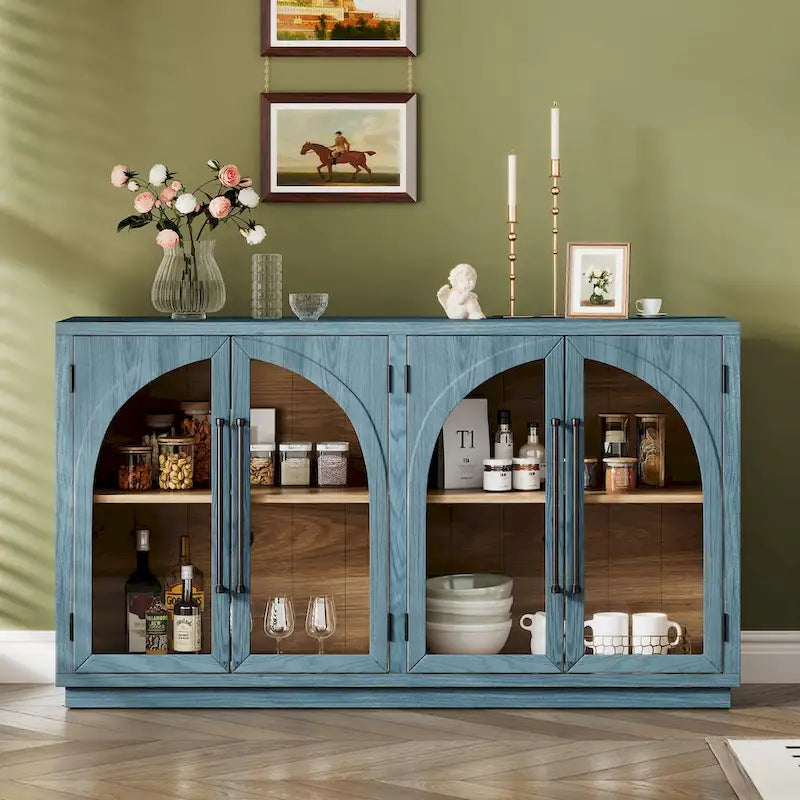 Credenza retrò a 4 ante nera/blu navy con ripiani regolabili, montaggio a 1 persona