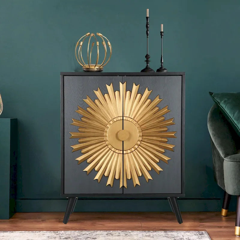 Mobiletto accentato Sunburst marrone a 2 ante, finitura legno, unità singola