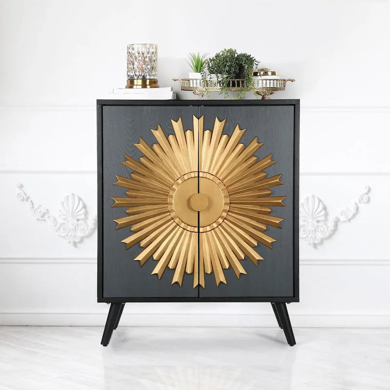 Mobiletto accentato Sunburst marrone a 2 ante, finitura legno, unità singola