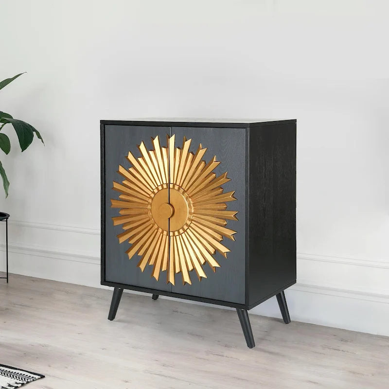 Mobiletto accentato Sunburst marrone a 2 ante, finitura legno, unità singola