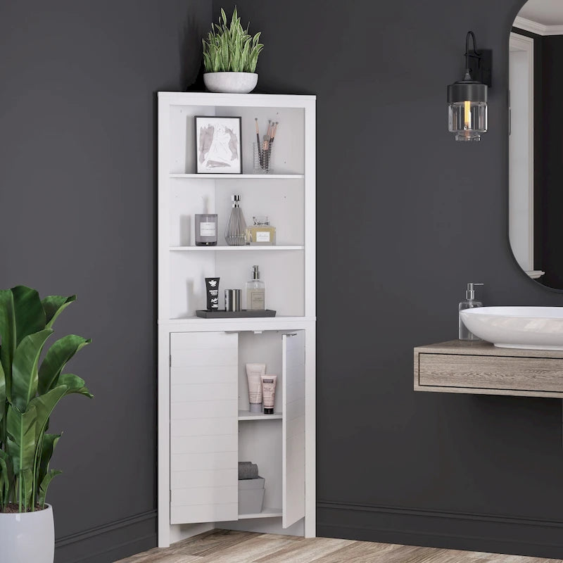 Mobile contenitore ad angolo alto bianco/grigio con ripiani aperti, montaggio singolo