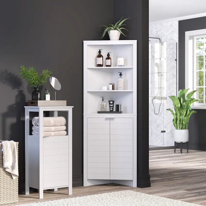 Mobile contenitore ad angolo alto bianco/grigio con ripiani aperti, montaggio singolo