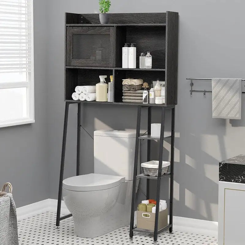 Armadietto da bagno salvaspazio sopra WC, colore grigio/bianco, a 6 ripiani, per 1 persona