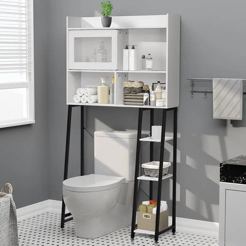 Armadietto da bagno salvaspazio sopra WC, colore grigio/bianco, a 6 ripiani, per 1 persona