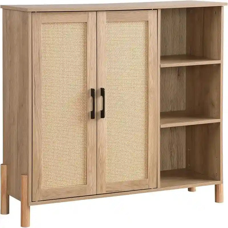 Mobile credenza in legno naturale con ante in rattan, montaggio da 1 persona