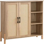 Mobile credenza in legno naturale con ante in rattan, montaggio da 1 persona