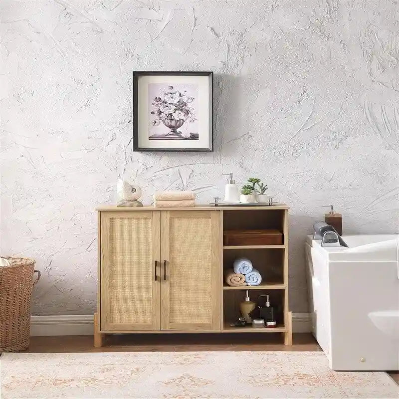 Mobile credenza in legno naturale con ante in rattan, montaggio da 1 persona