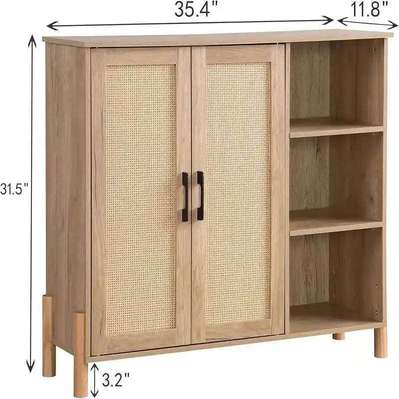 Mobile credenza in legno naturale con ante in rattan, montaggio da 1 persona