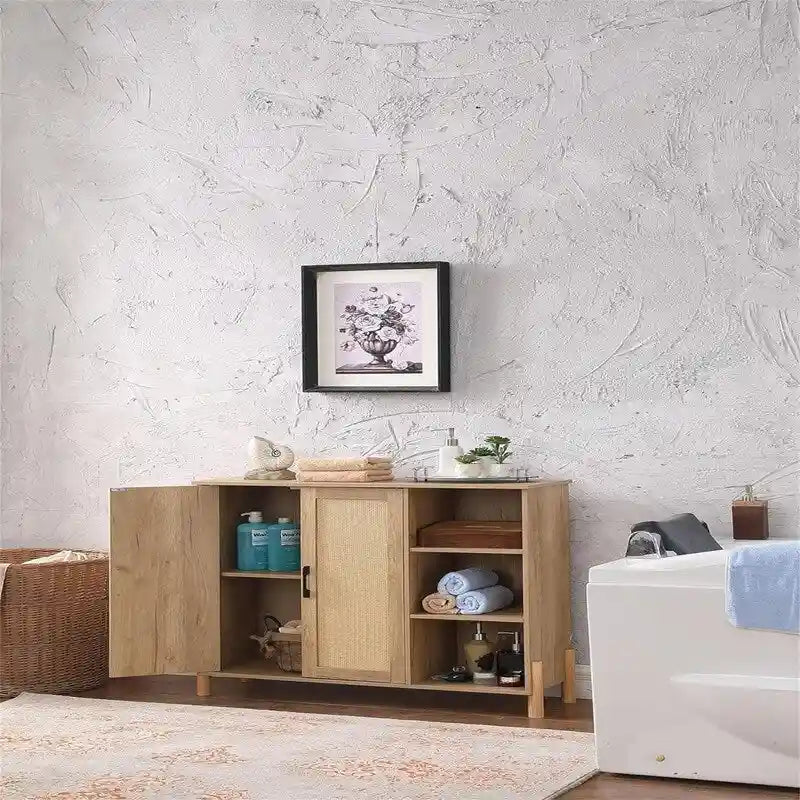 Mobile credenza in legno naturale con ante in rattan, montaggio da 1 persona