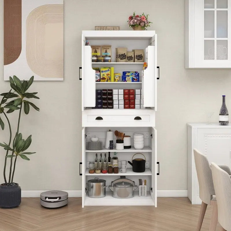 Mobile dispensa autoportante bianco per cucina, 4 ante 1 cassetto 2 ripiani regolabili, singolo