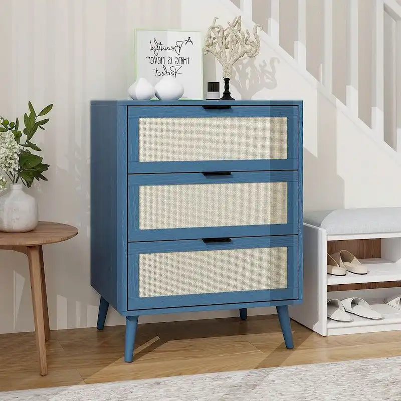 Comodino in Rattan a 3 Cassetti, Singolo, Blu/Verde/Naturale/Noce/Nero