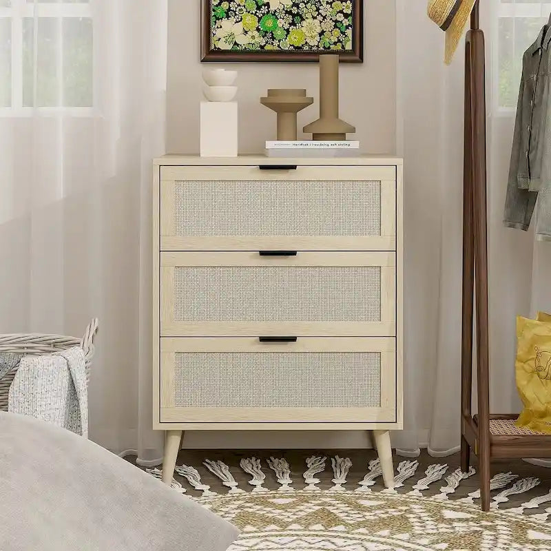 Comodino in Rattan a 3 Cassetti, Singolo, Blu/Verde/Naturale/Noce/Nero
