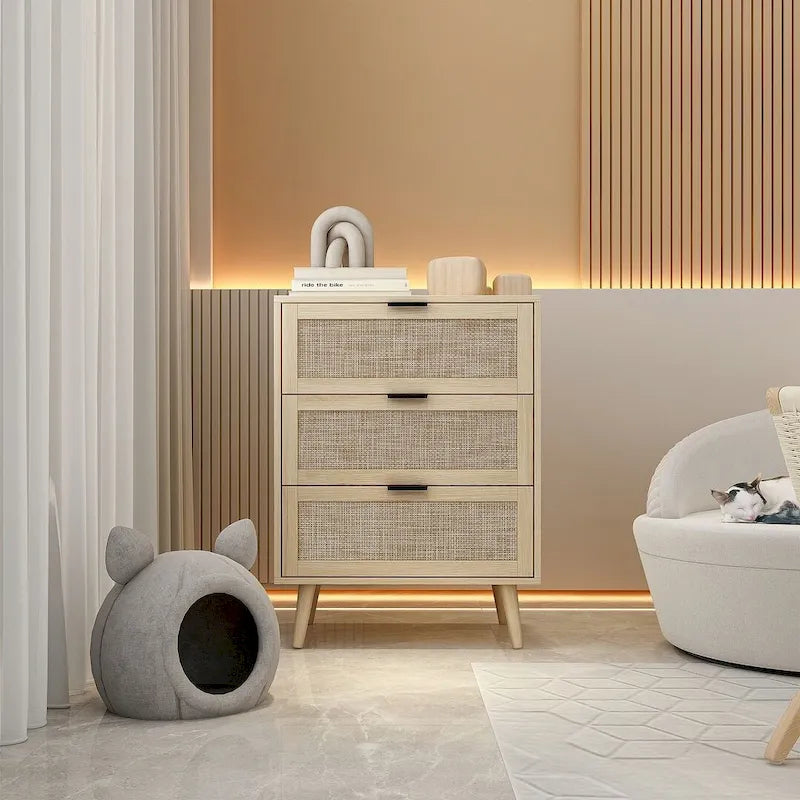Comodino in Rattan a 3 Cassetti, Singolo, Blu/Verde/Naturale/Noce/Nero