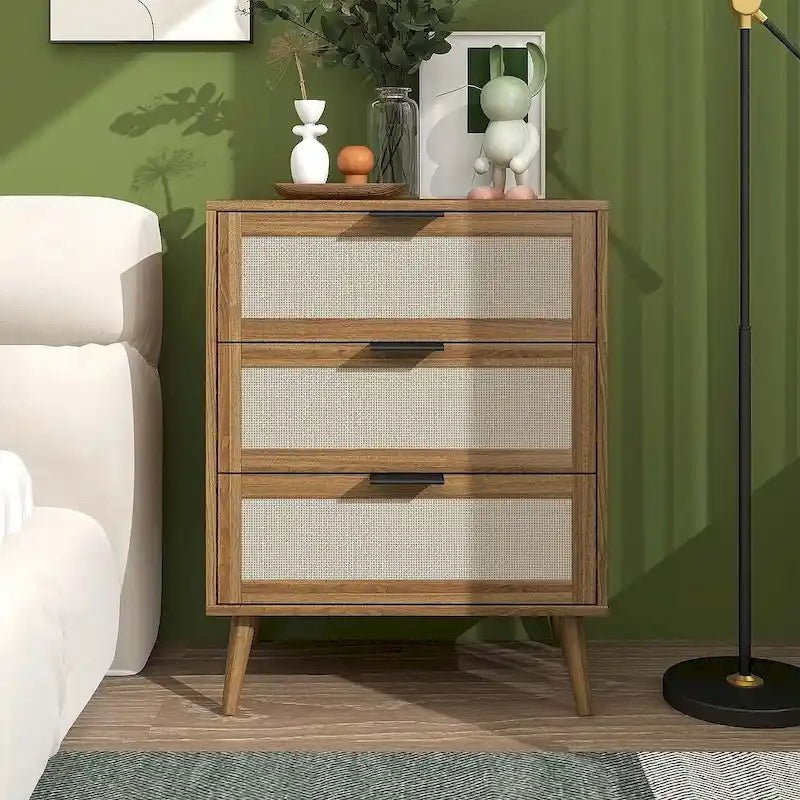 Comodino in Rattan a 3 Cassetti, Singolo, Blu/Verde/Naturale/Noce/Nero