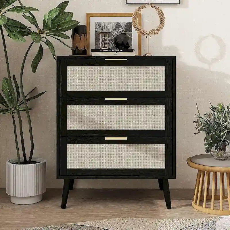 Comodino in Rattan a 3 Cassetti, Singolo, Blu/Verde/Naturale/Noce/Nero