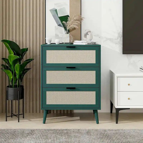 Comodino in Rattan a 3 Cassetti, Singolo, Blu/Verde/Naturale/Noce/Nero