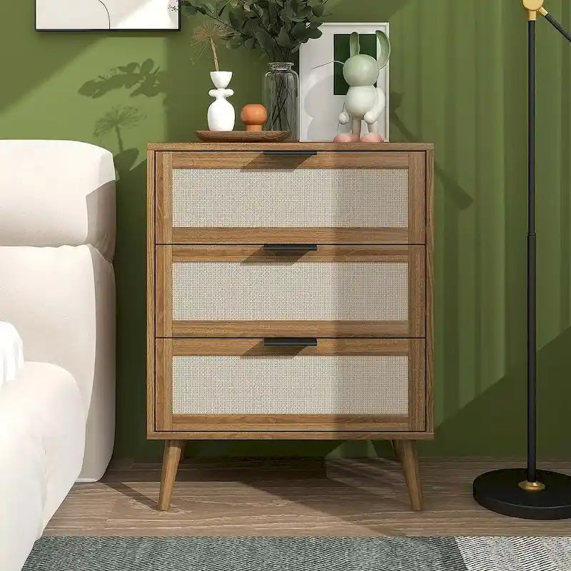 Comodino in Rattan a 3 Cassetti, Singolo, Blu/Verde/Naturale/Noce/Nero