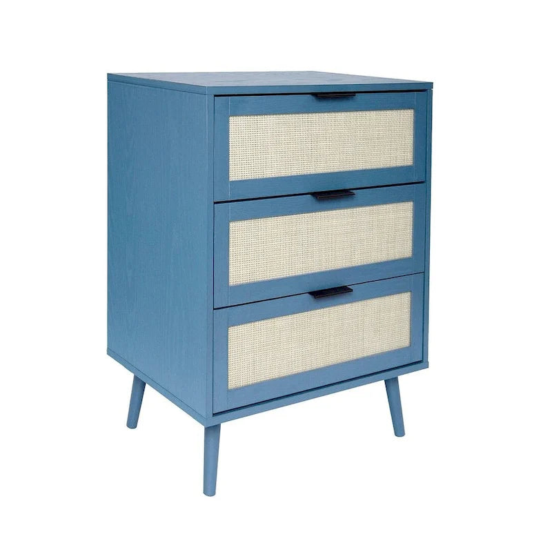 Comodino in Rattan a 3 Cassetti, Singolo, Blu/Verde/Naturale/Noce/Nero