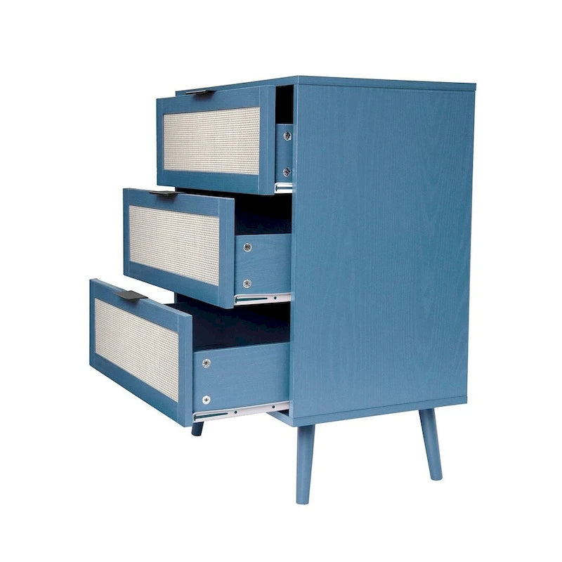 Comodino in Rattan a 3 Cassetti, Singolo, Blu/Verde/Naturale/Noce/Nero