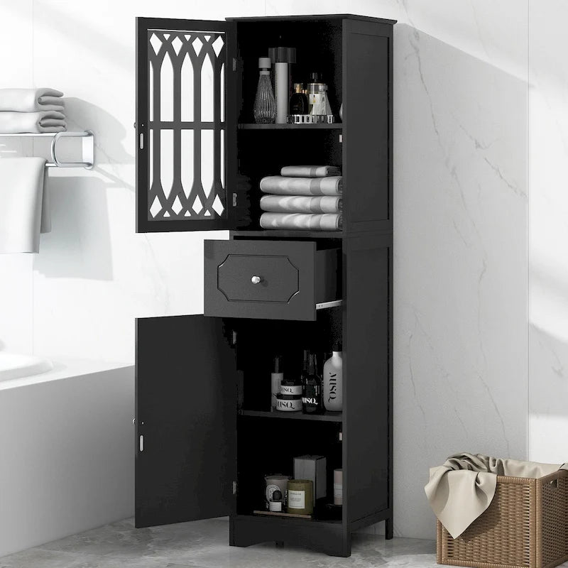 Mobile bagno a colonna nero, autoportante, uso singolo, 1 cassetto e 2 ante